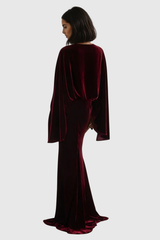 Dixon Cape Sleeve Ruch Velvet Skirt Set In Wine