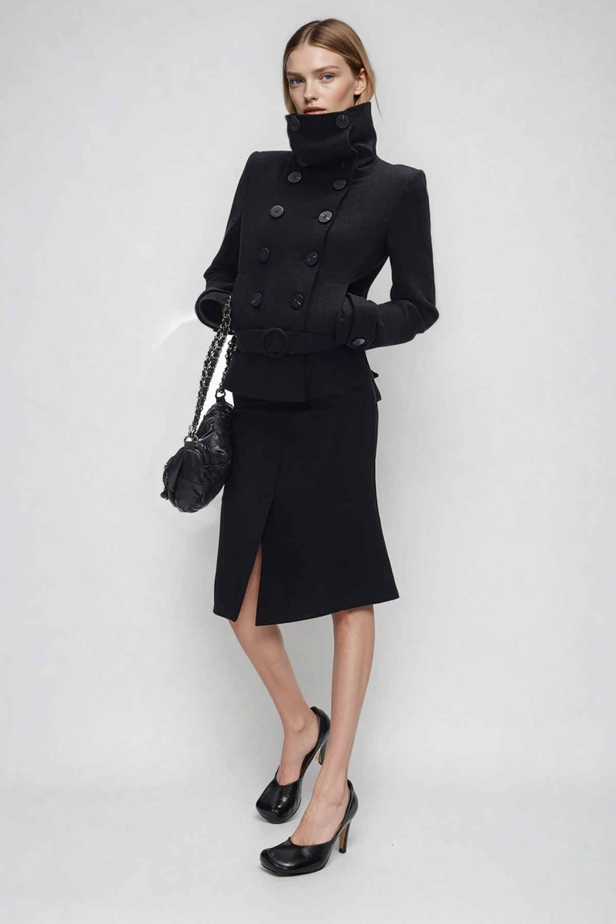Djuradja Funnel Neck Belt Jacket In Black