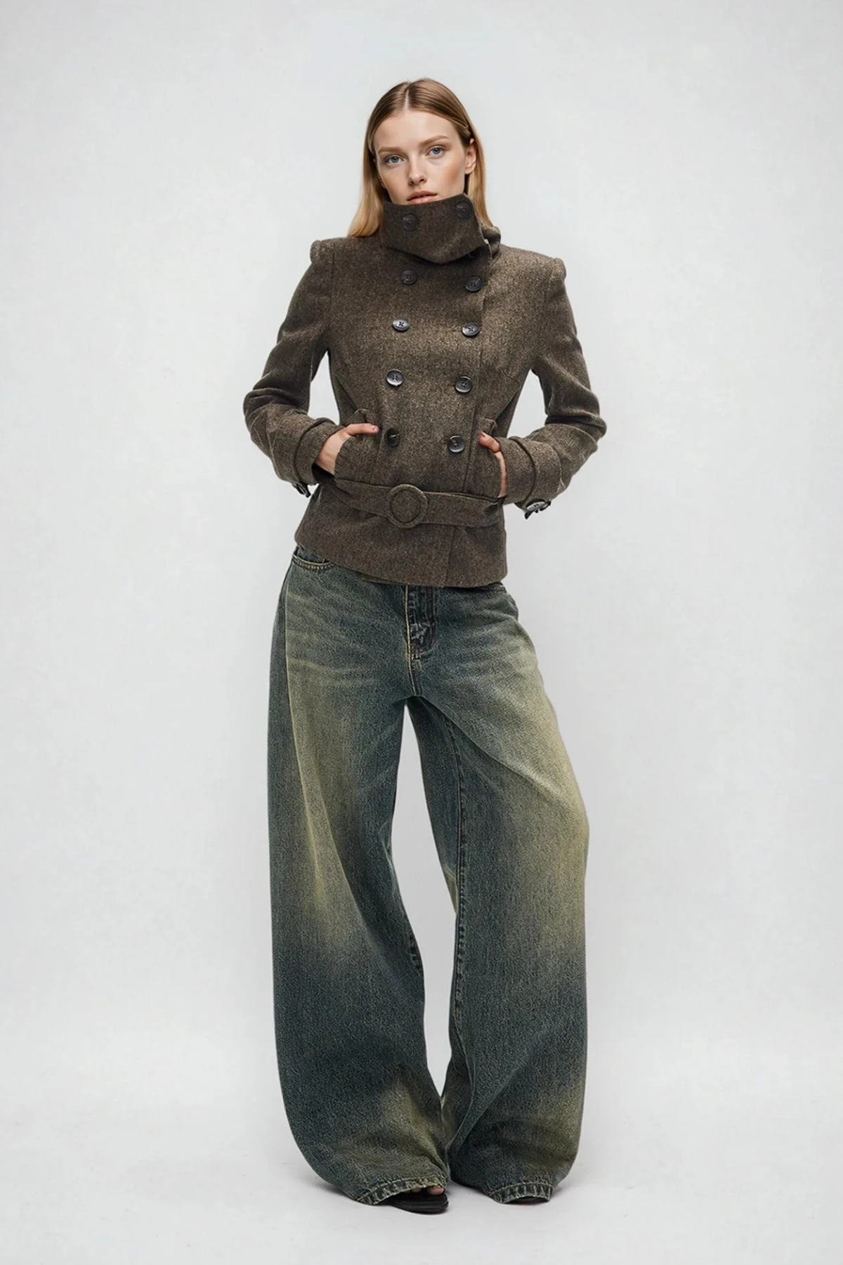 Djuradja Funnel Neck Belt Jacket In Brown