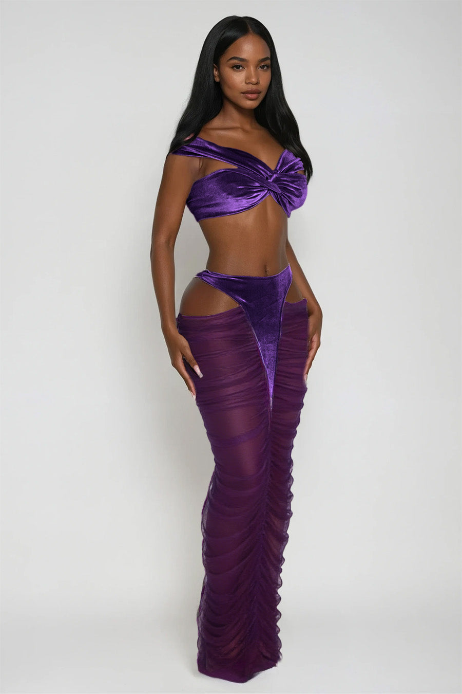 Dobri Crop Cutout Mesh Skirt Set In Purple