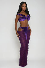 Dobri Crop Cutout Mesh Skirt Set In Purple