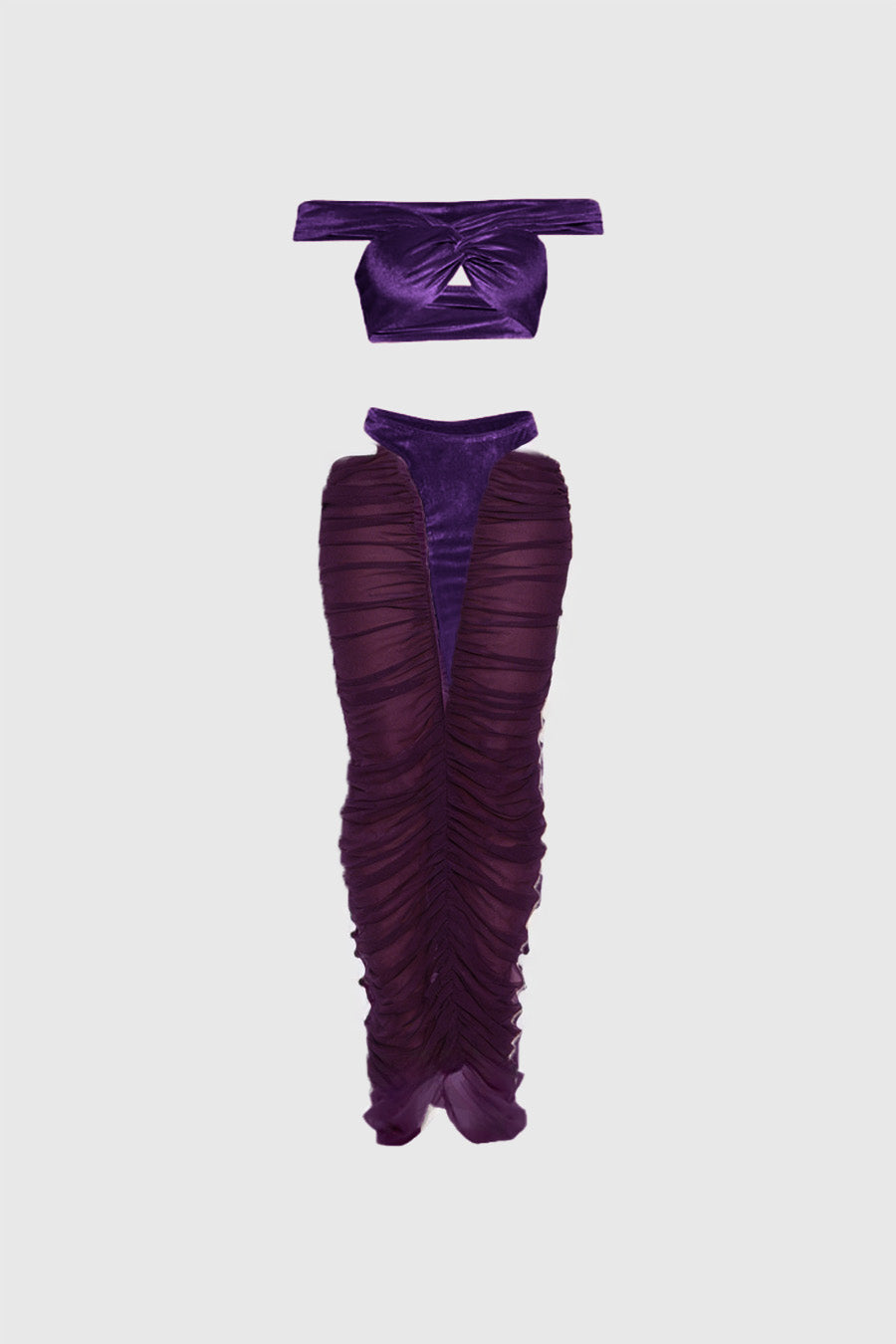 Dobri Crop Cutout Mesh Skirt Set In Purple