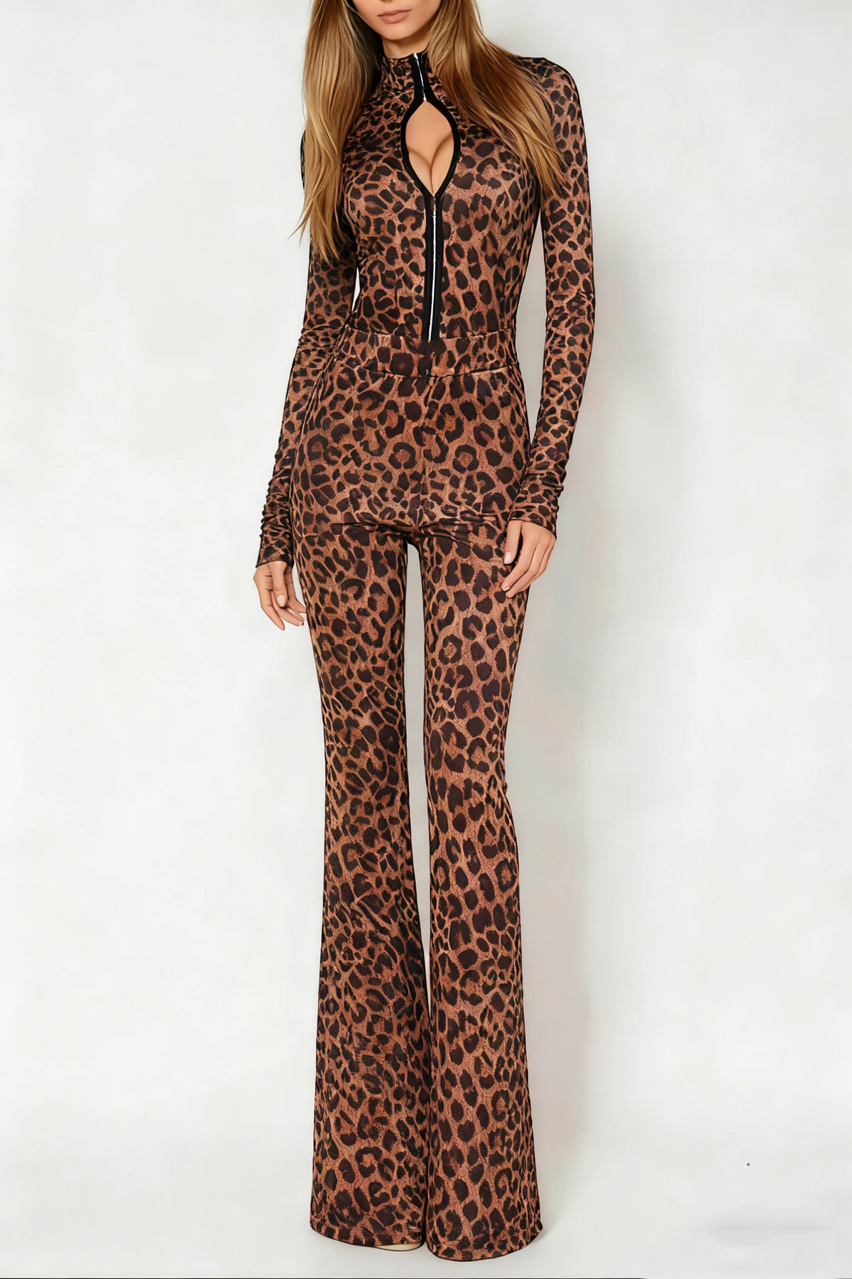 Dobromila Leopard Long Sleeve Bodycon Hook Pants Set