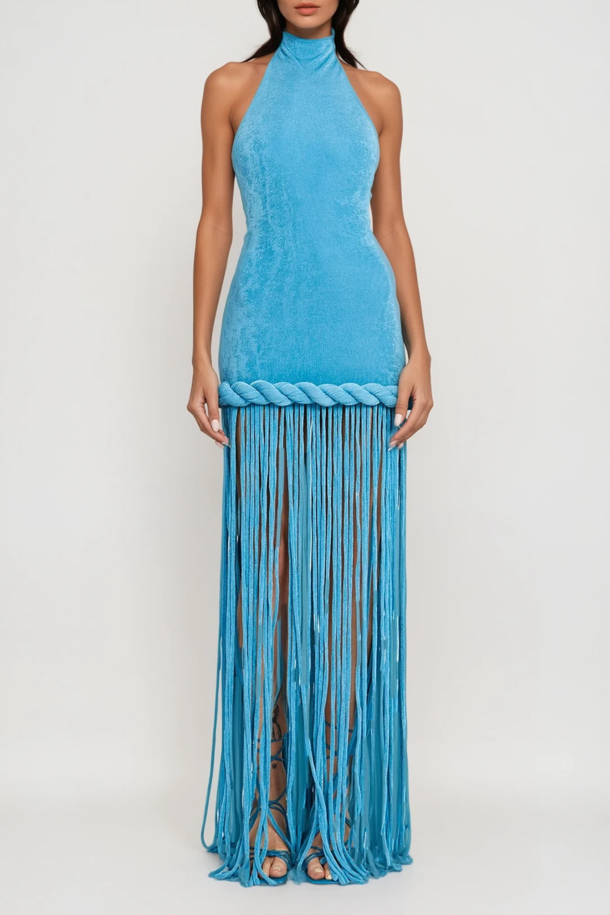 Dorel Halter Neck Twist Fringe Maxi Dress In Blue