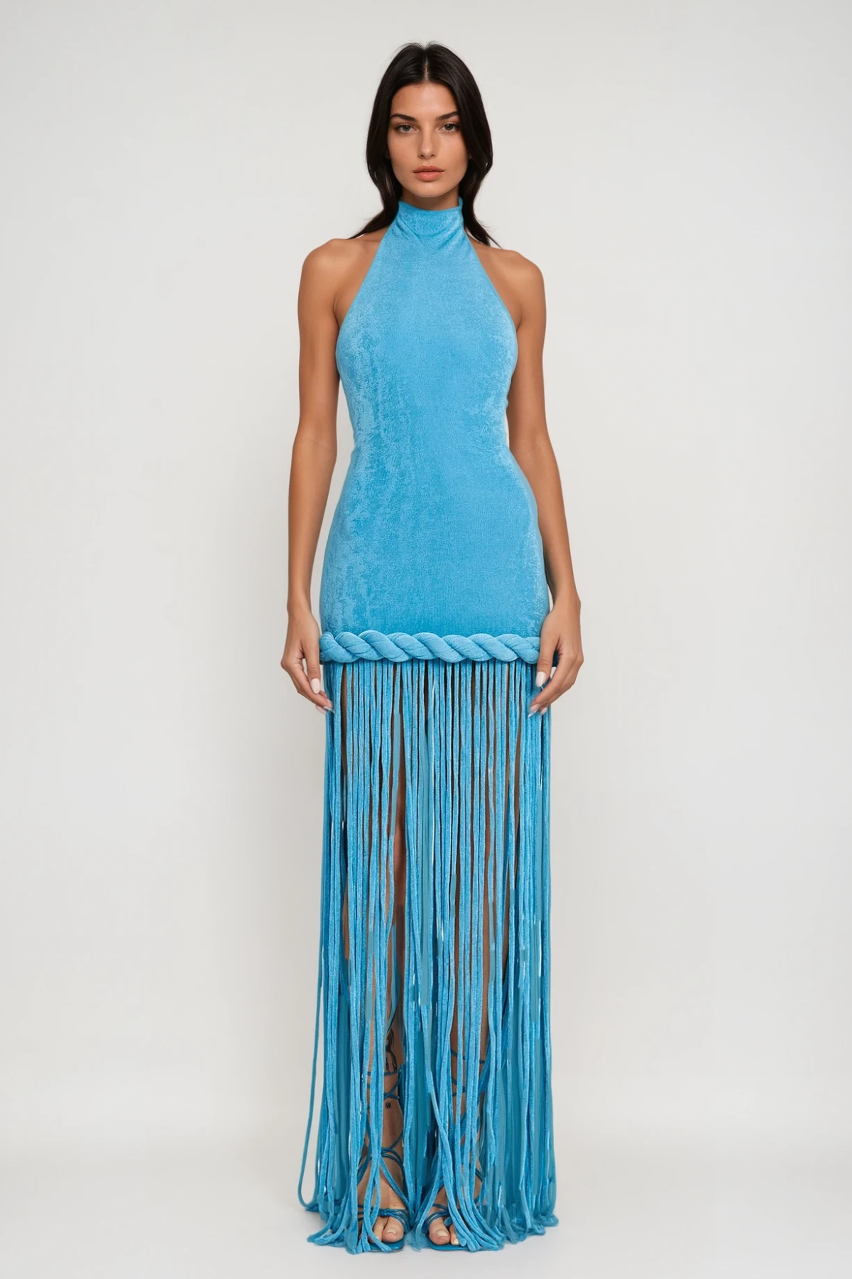 Dorel Halter Neck Twist Fringe Maxi Dress In Blue