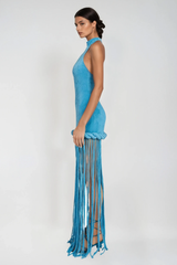 Dorel Halter Neck Twist Fringe Maxi Dress In Blue