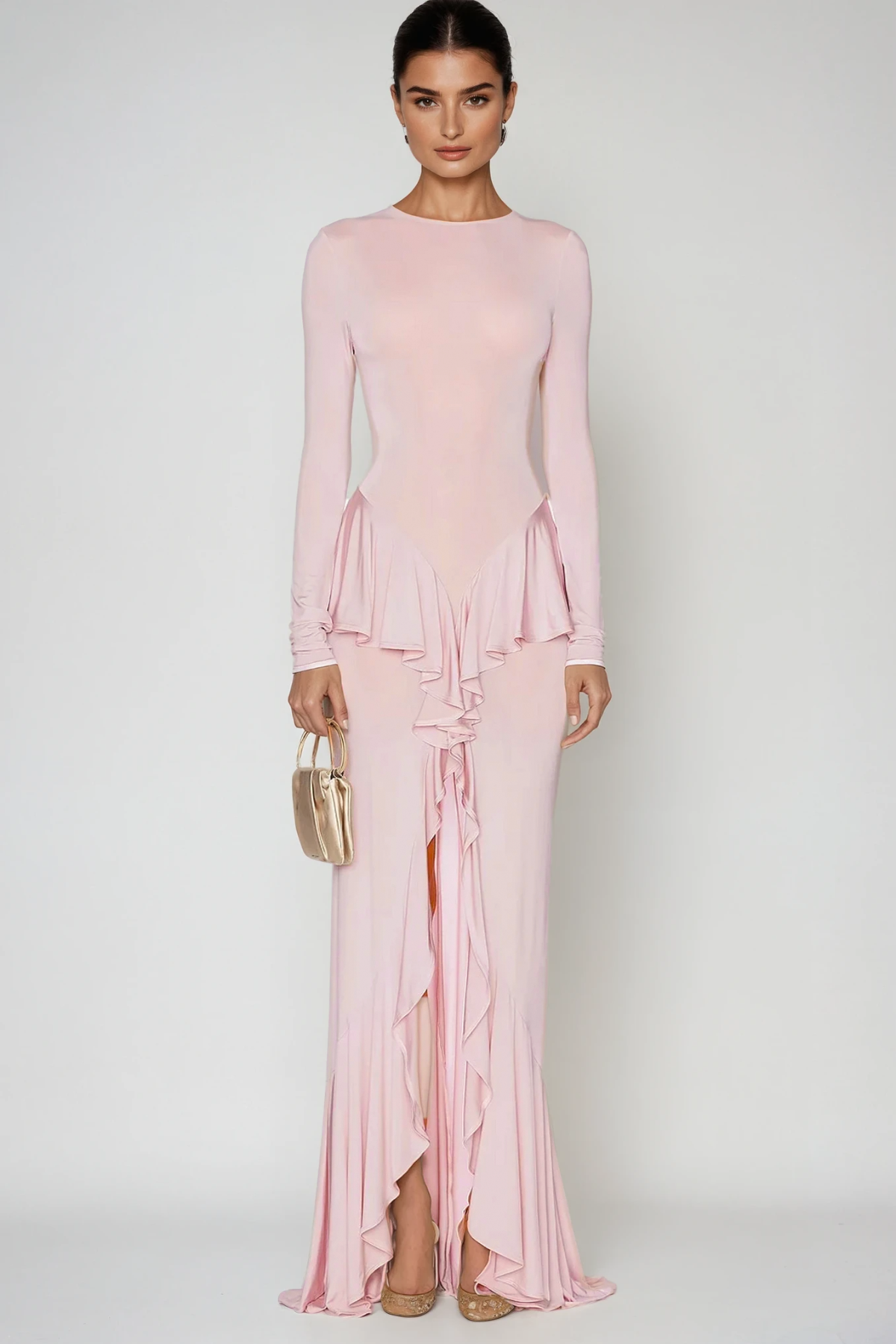 Doug Backless Ruffle Maxi Dress In Pink