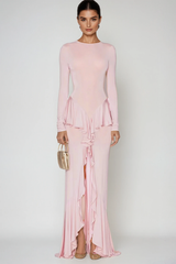 Doug Backless Ruffle Maxi Dress In Pink