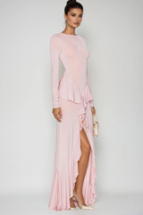 Doug Backless Ruffle Maxi Dress In Pink