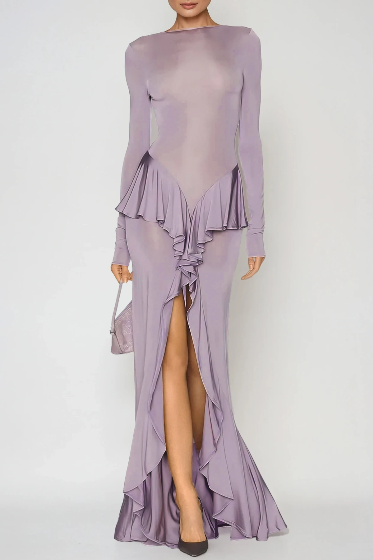 Doug Backless Ruffle Maxi Dress In Purple