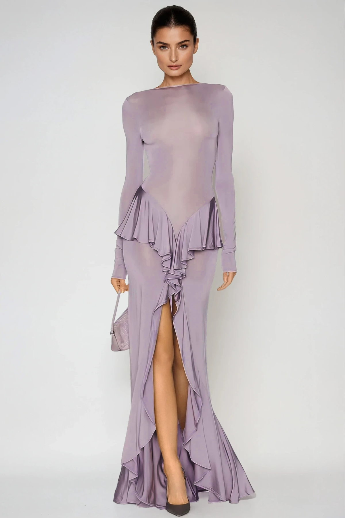 Doug Backless Ruffle Maxi Dress In Purple