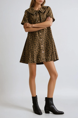 Dragutin Lapel Denim Leopard Mini Dress In Brown
