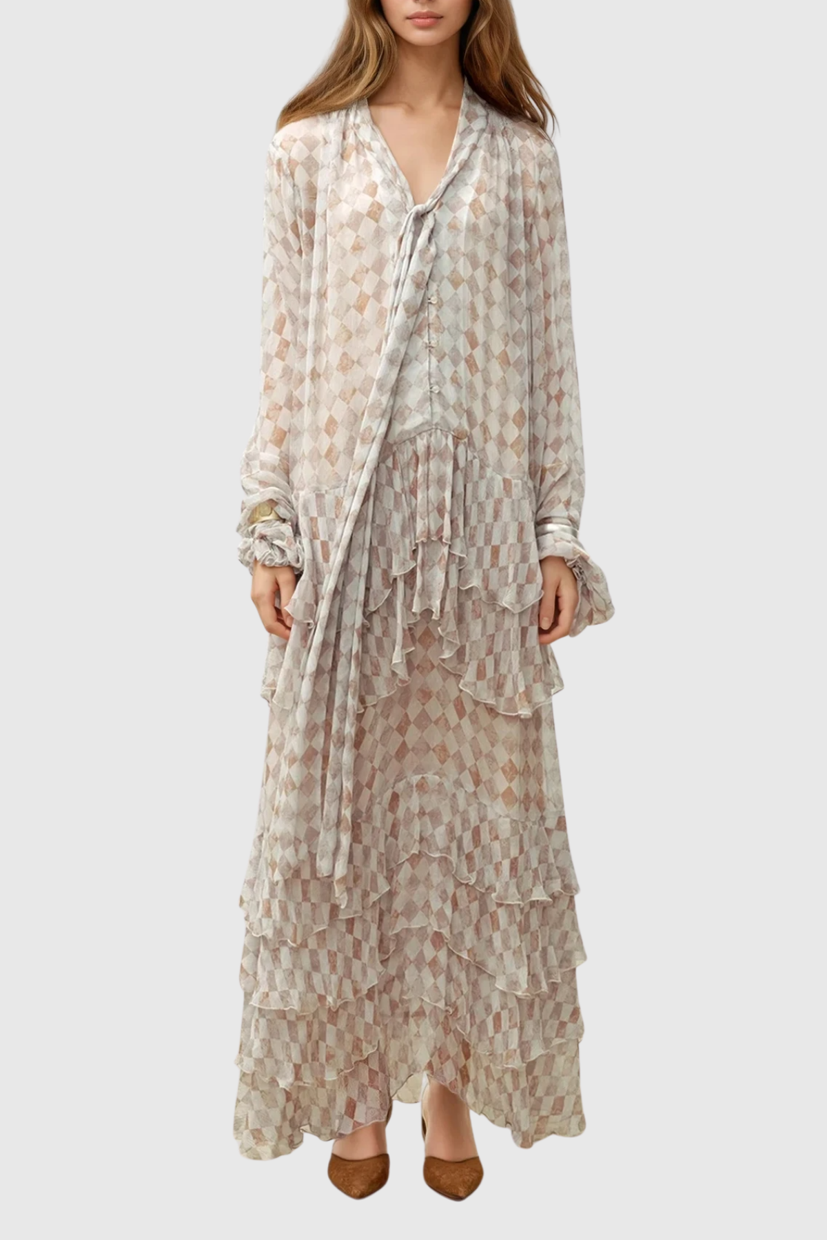 Drahomira Tie Up Grid Maxi Tiered Dress