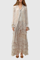 Drahomira Tie Up Grid Maxi Tiered Dress