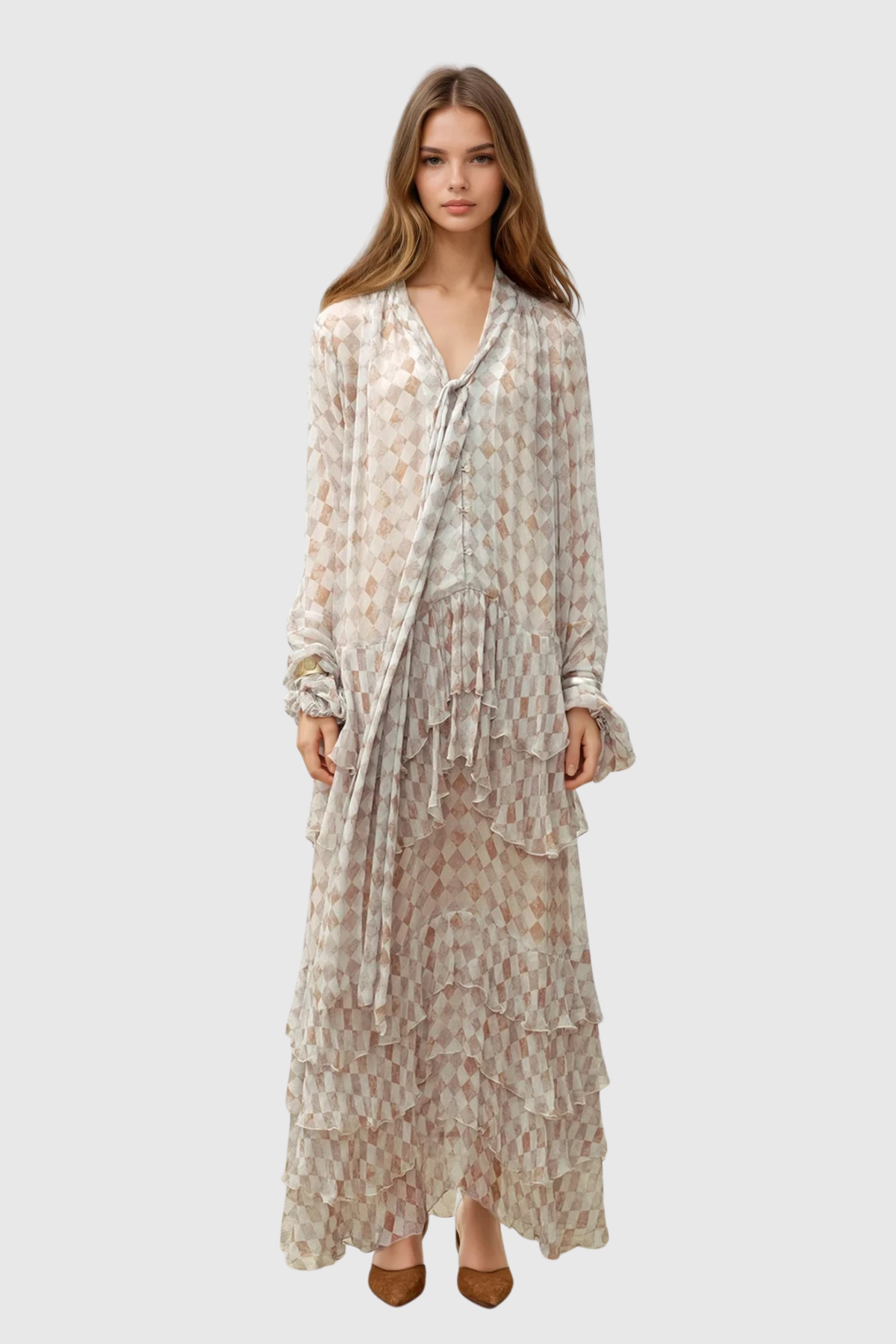 Drahomira Tie Up Grid Maxi Tiered Dress
