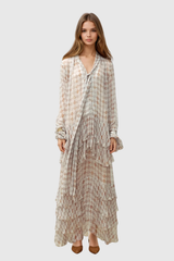 Drahomira Tie Up Grid Maxi Tiered Dress