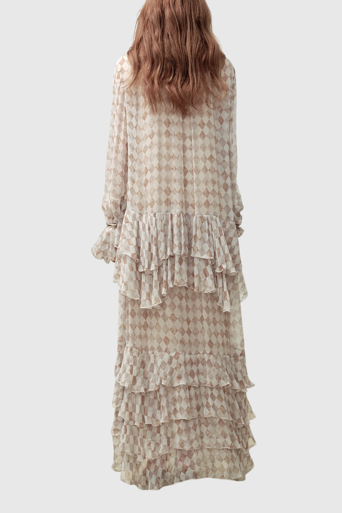 Drahomira Tie Up Grid Maxi Tiered Dress