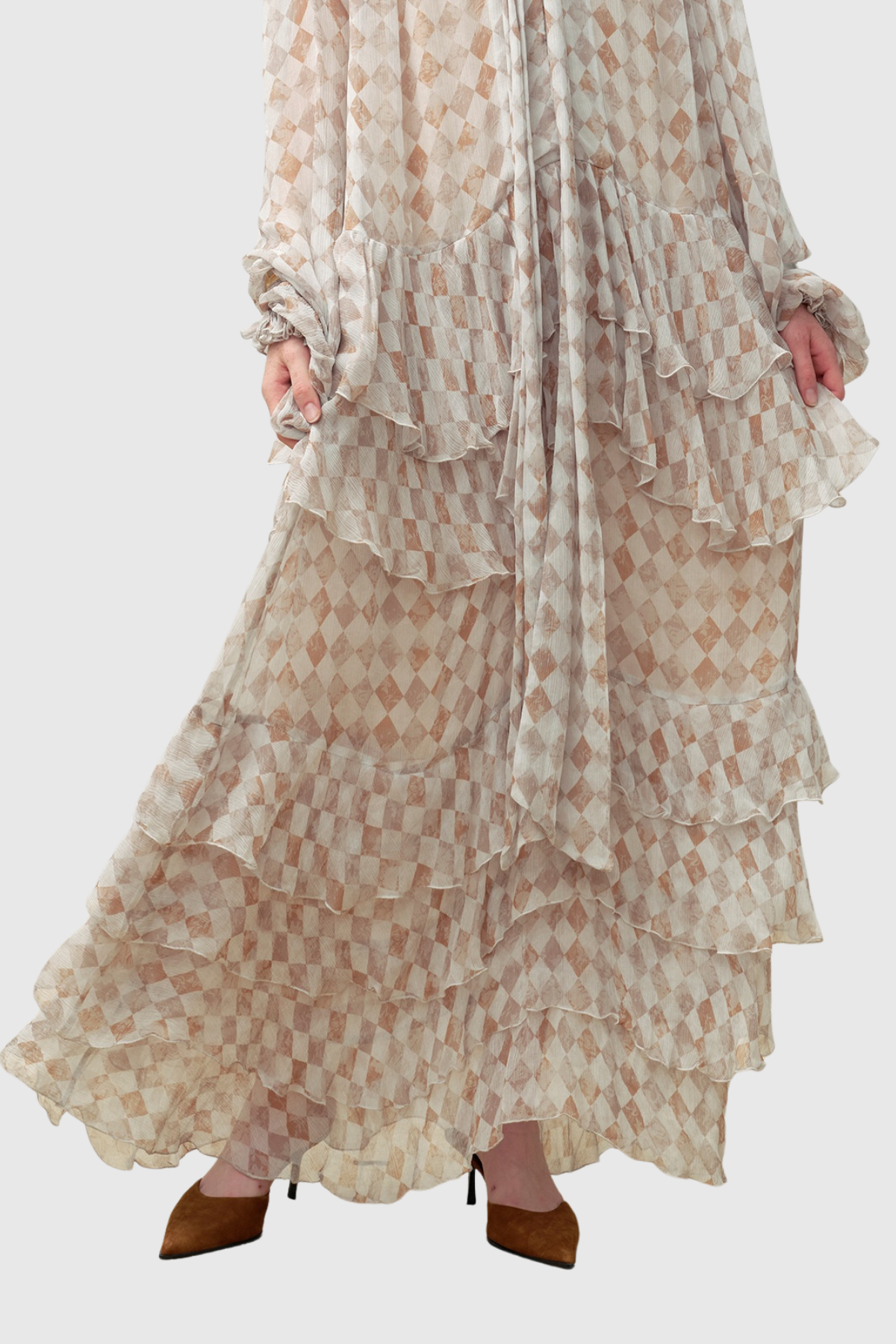 Drahomira Tie Up Grid Maxi Tiered Dress