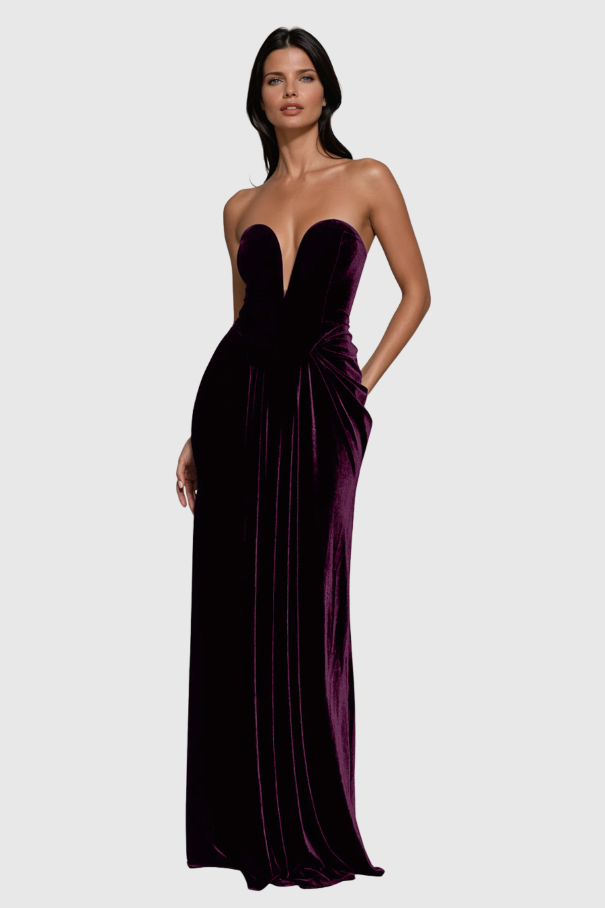 Drina Strapless Draped Velvet Maxi Dress