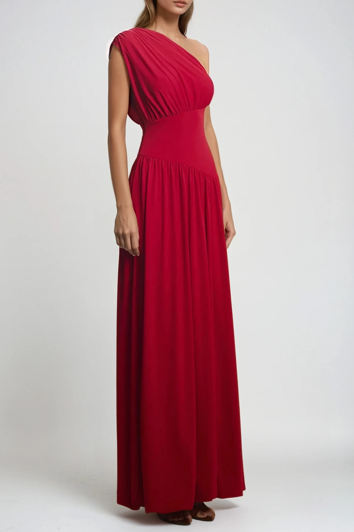 Drousilla One Shoulder Ruch Maxi Dress In Red