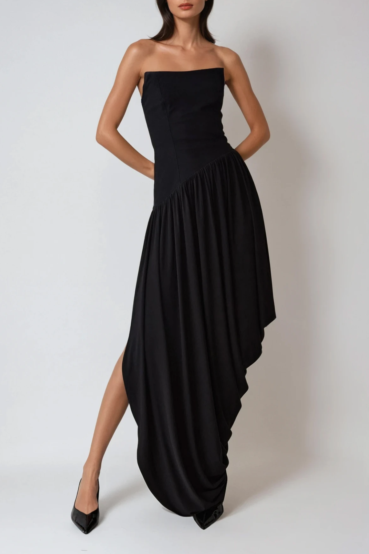 Dru Strapless Asymmetric Draped Maxi Dress In Black