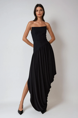 Dru Strapless Asymmetric Draped Maxi Dress In Black