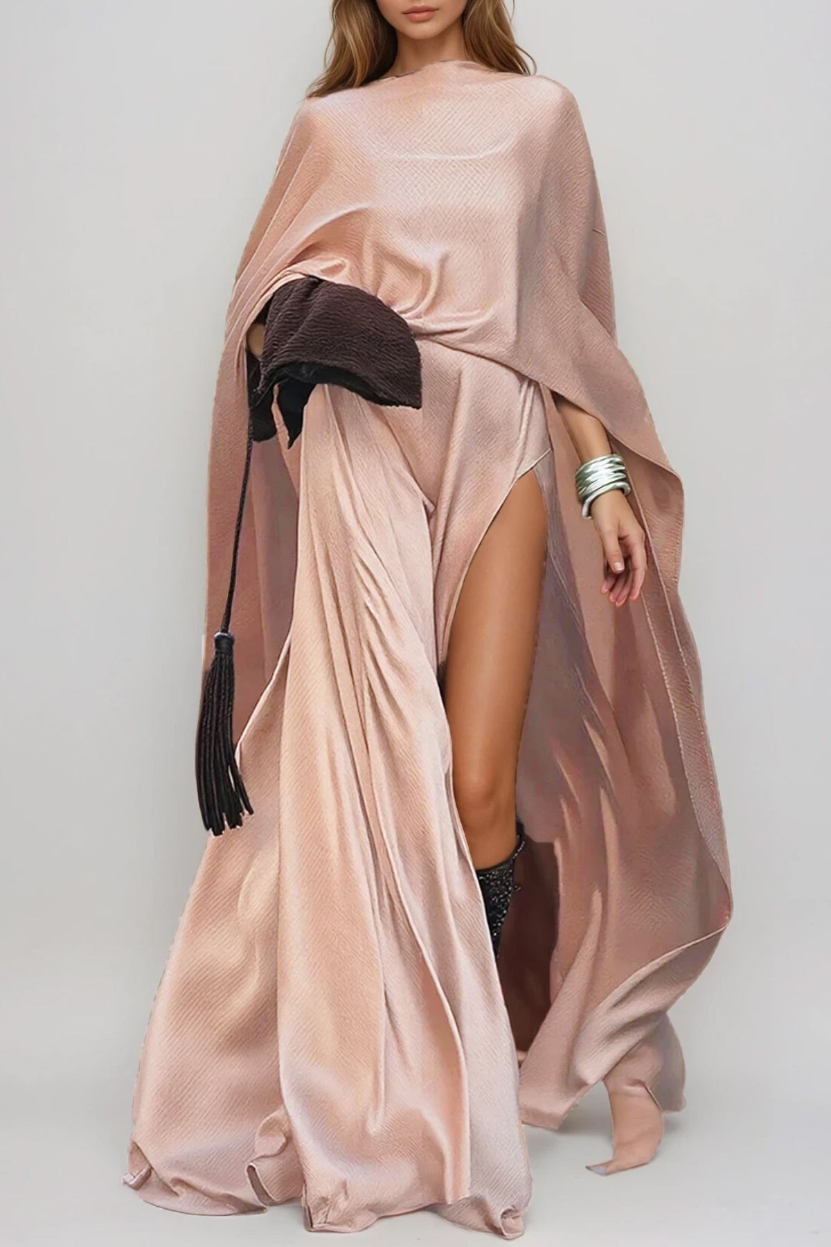 Drupada Split Satin Shawl Maxi Dress