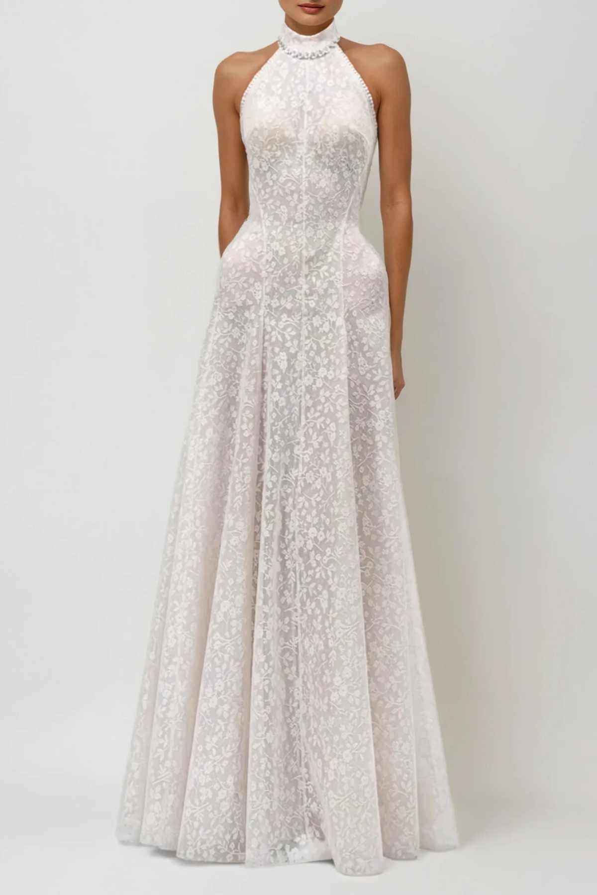 Du Halter Neck Floral Lace Maxi Dress