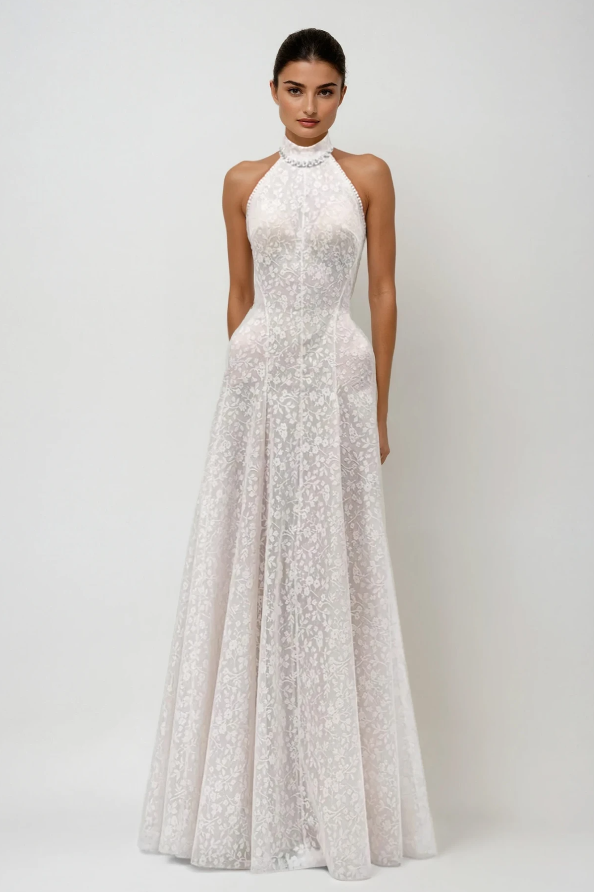 Du Halter Neck Floral Lace Maxi Dress