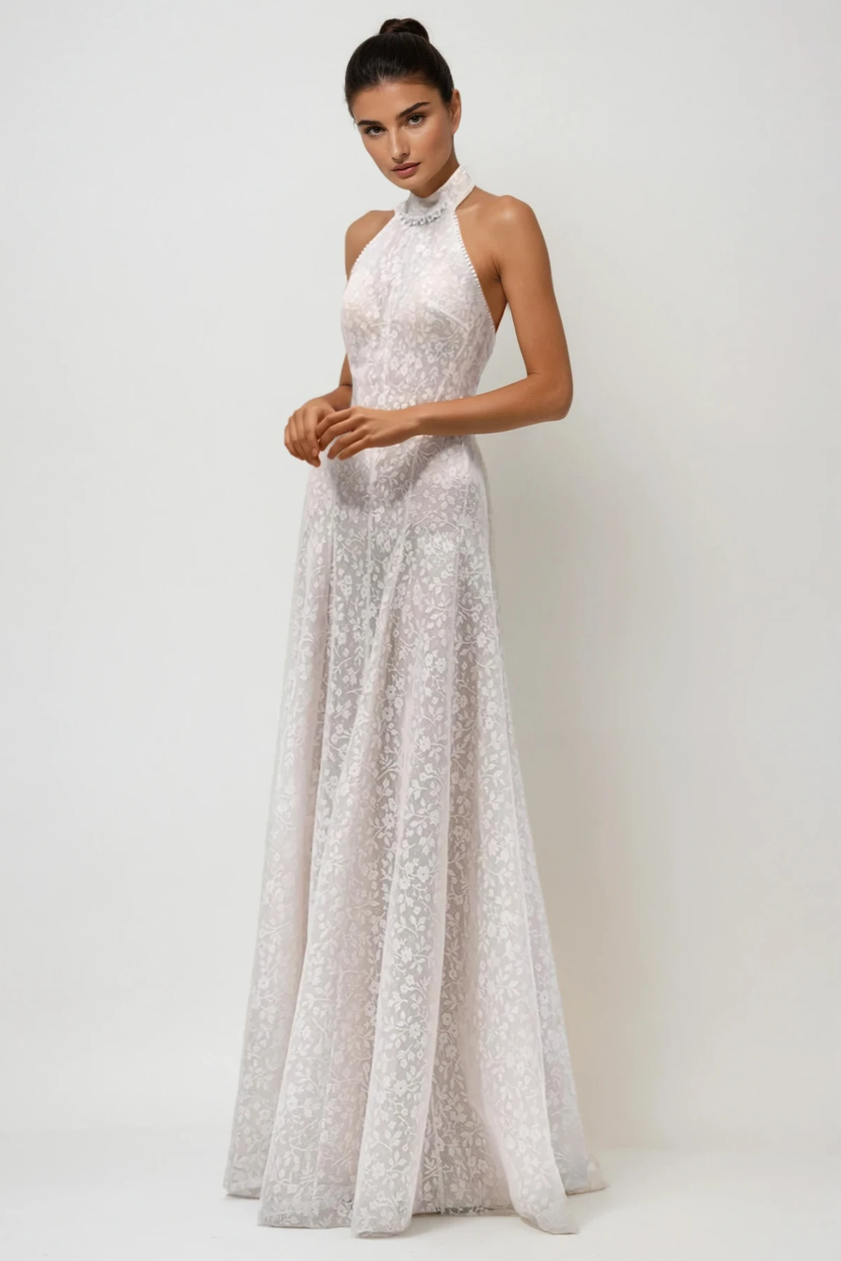 Du Halter Neck Floral Lace Maxi Dress