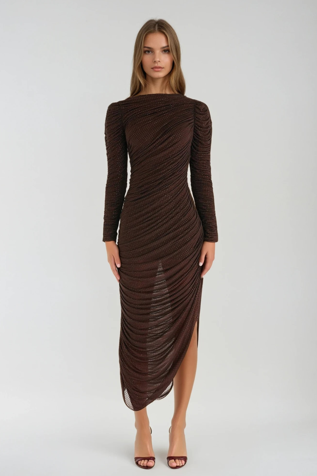Duana Asymmetric Rhinestone Drawstring Maxi Dress