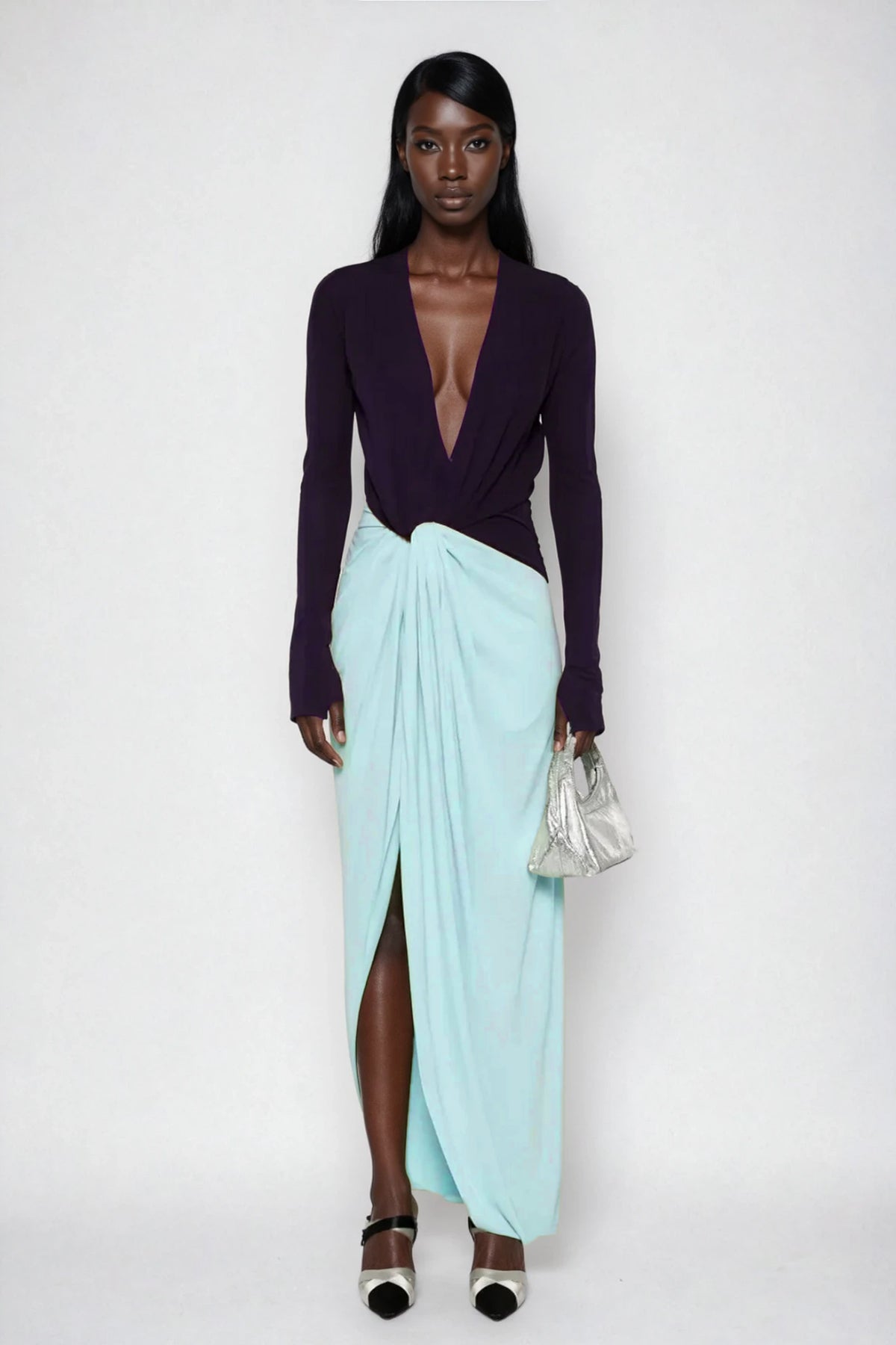 Duje Colorblock Plunge Twist Maxi Dress