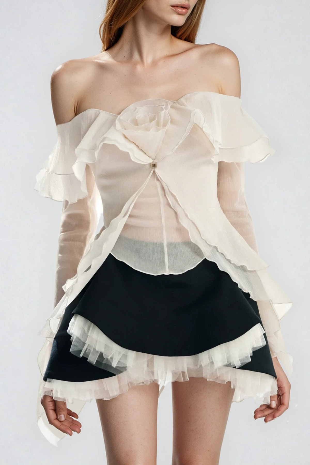 Dulf Off Shoulder Flower Ruffle Skirt Set