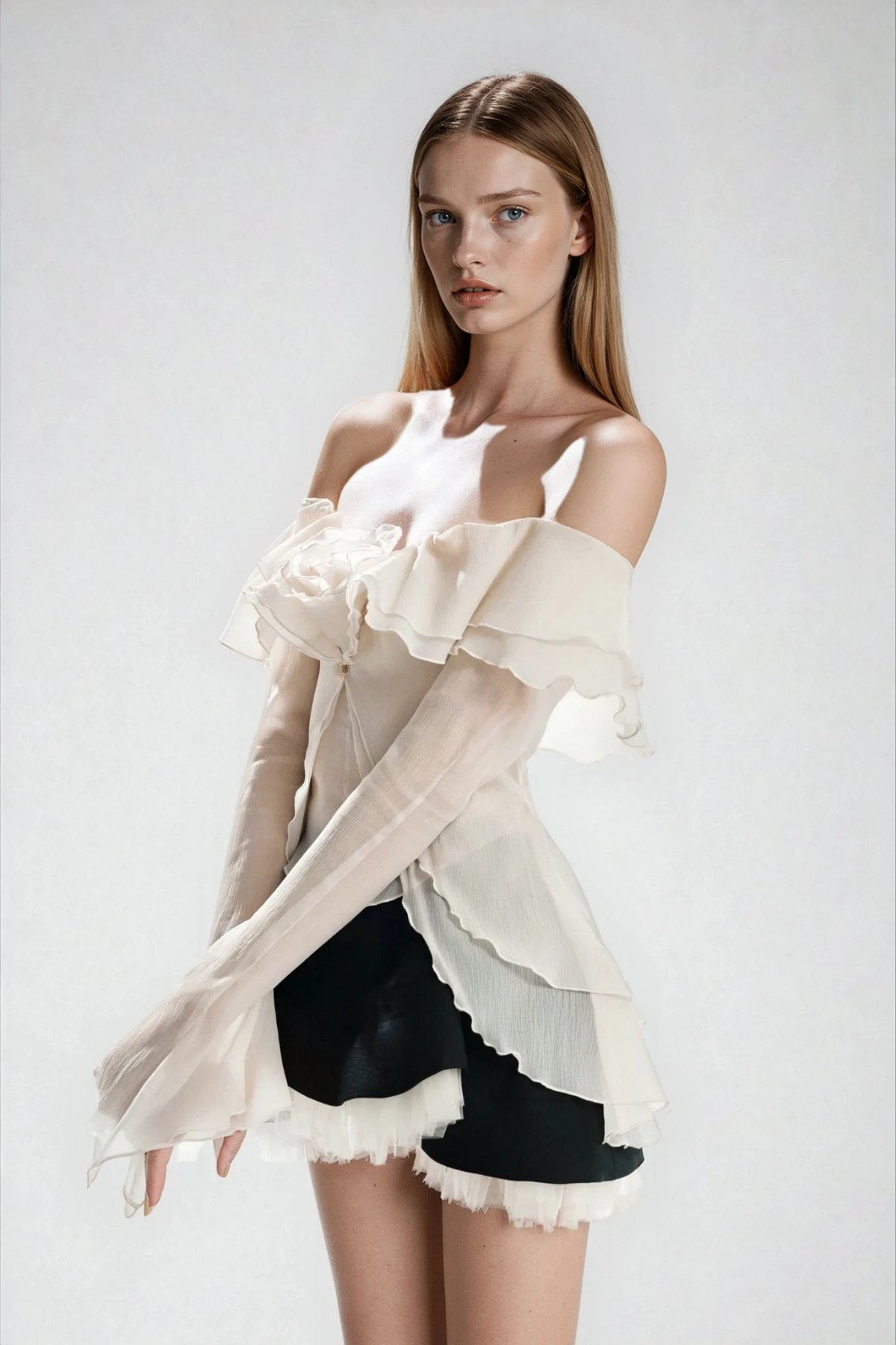 Dulf Off Shoulder Flower Ruffle Skirt Set
