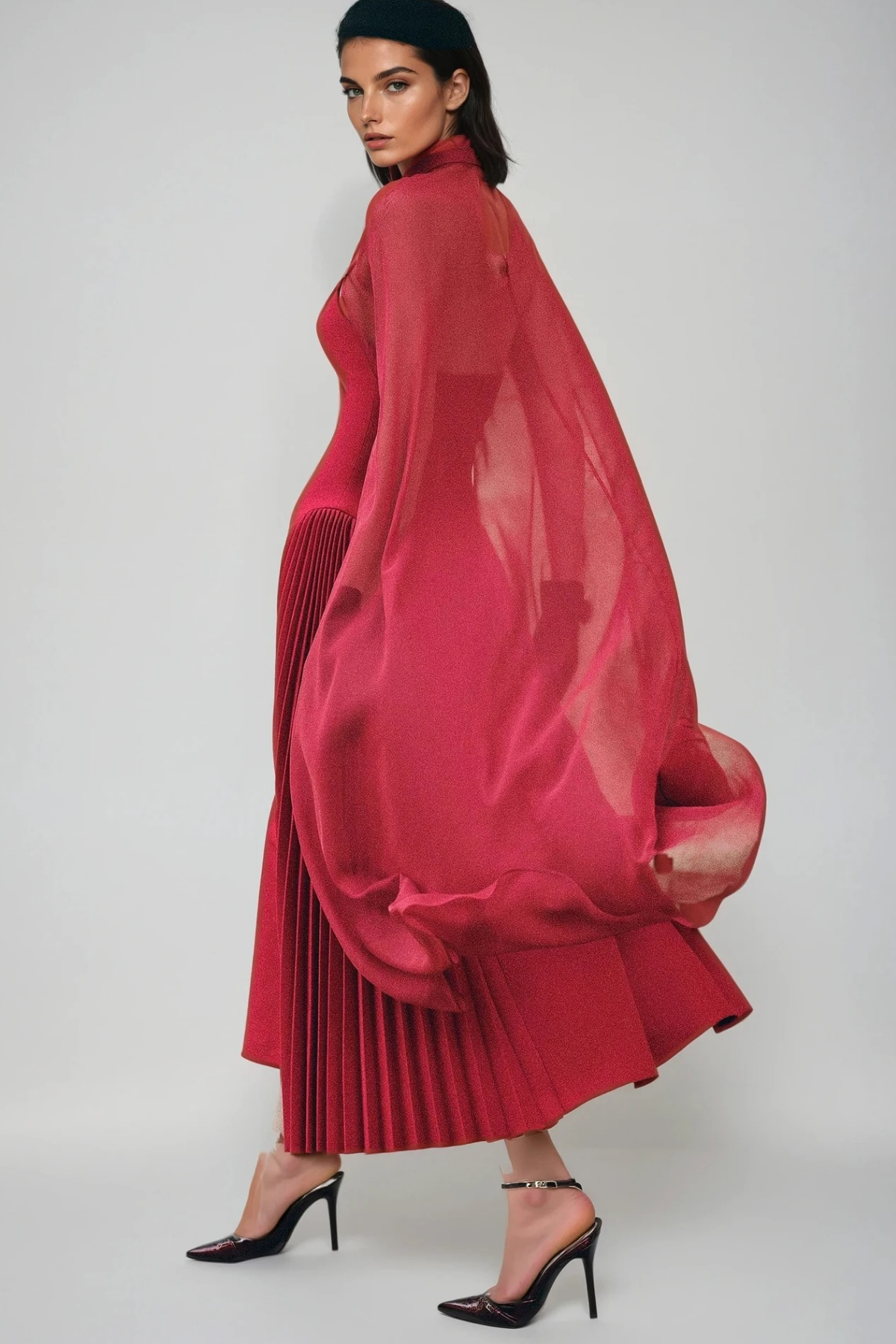 Dusana Pleated Mesh Shawl Maxi Dress