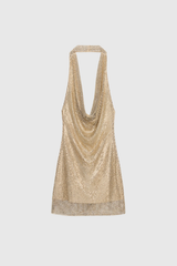 Dzenita Cowl Neck Rhinestone Mesh Mini Dress