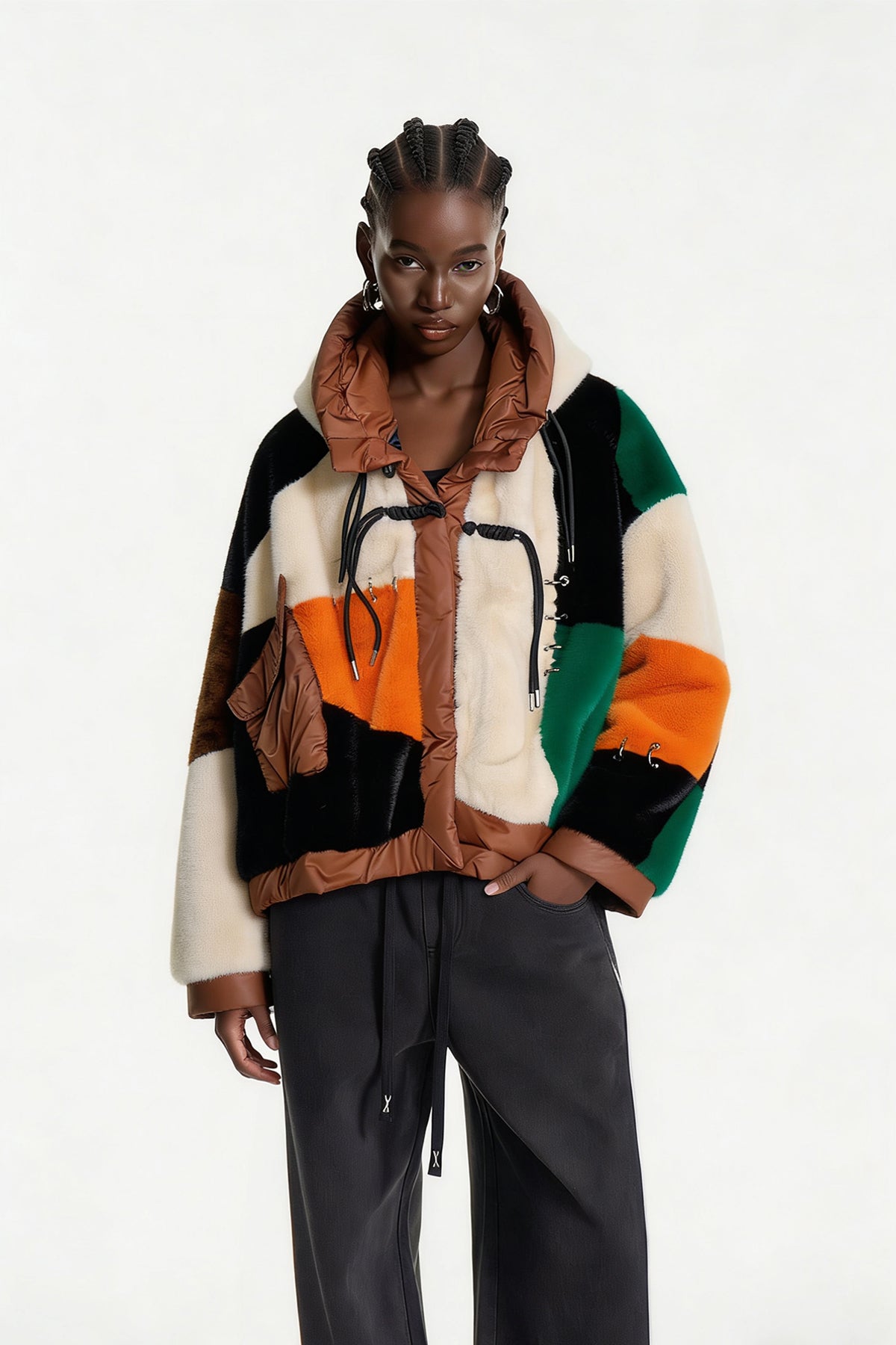 Eemeli Faux Fur Deconstruct Colorblock Jacket In Apricot