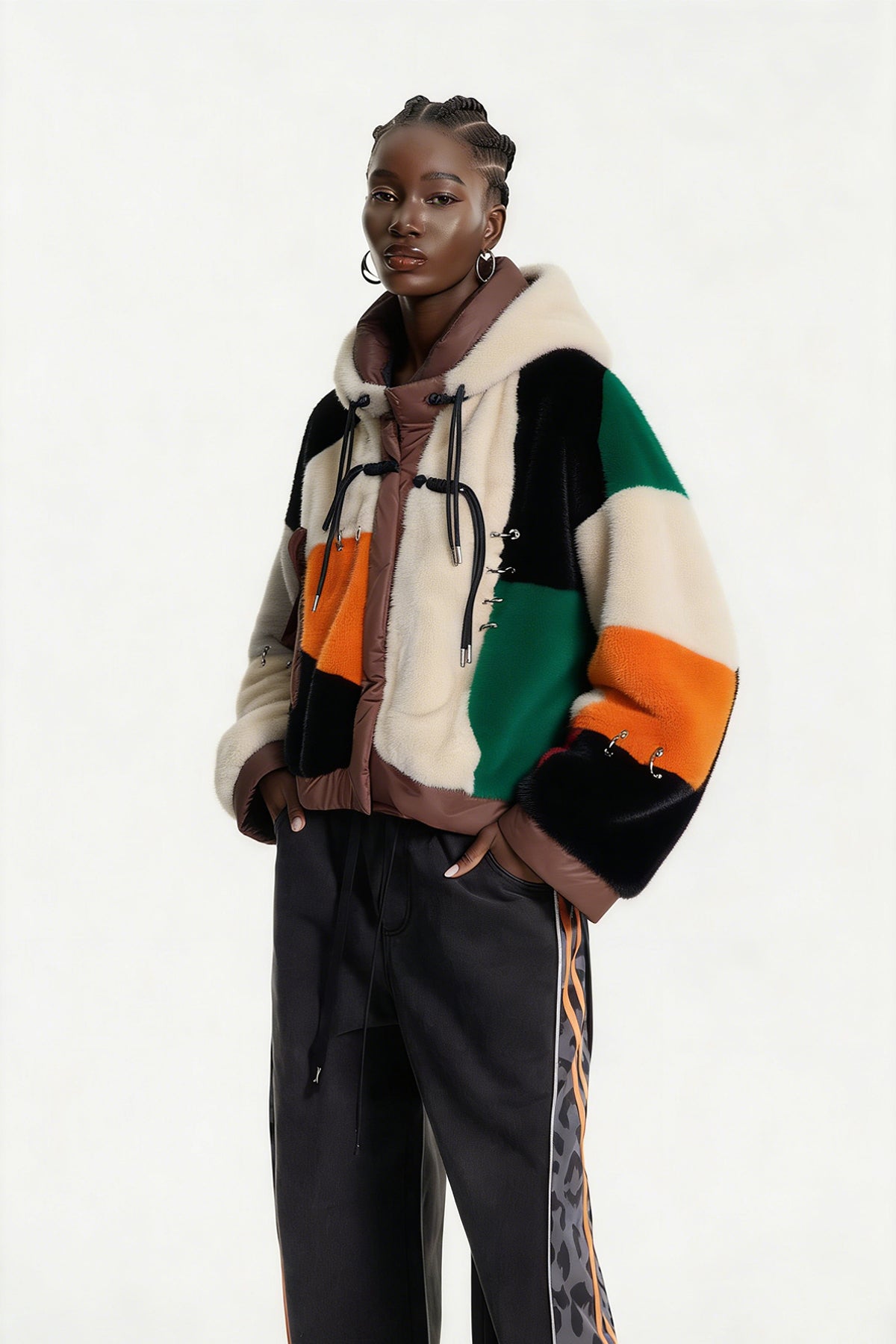 Eemeli Faux Fur Deconstruct Colorblock Jacket In Apricot