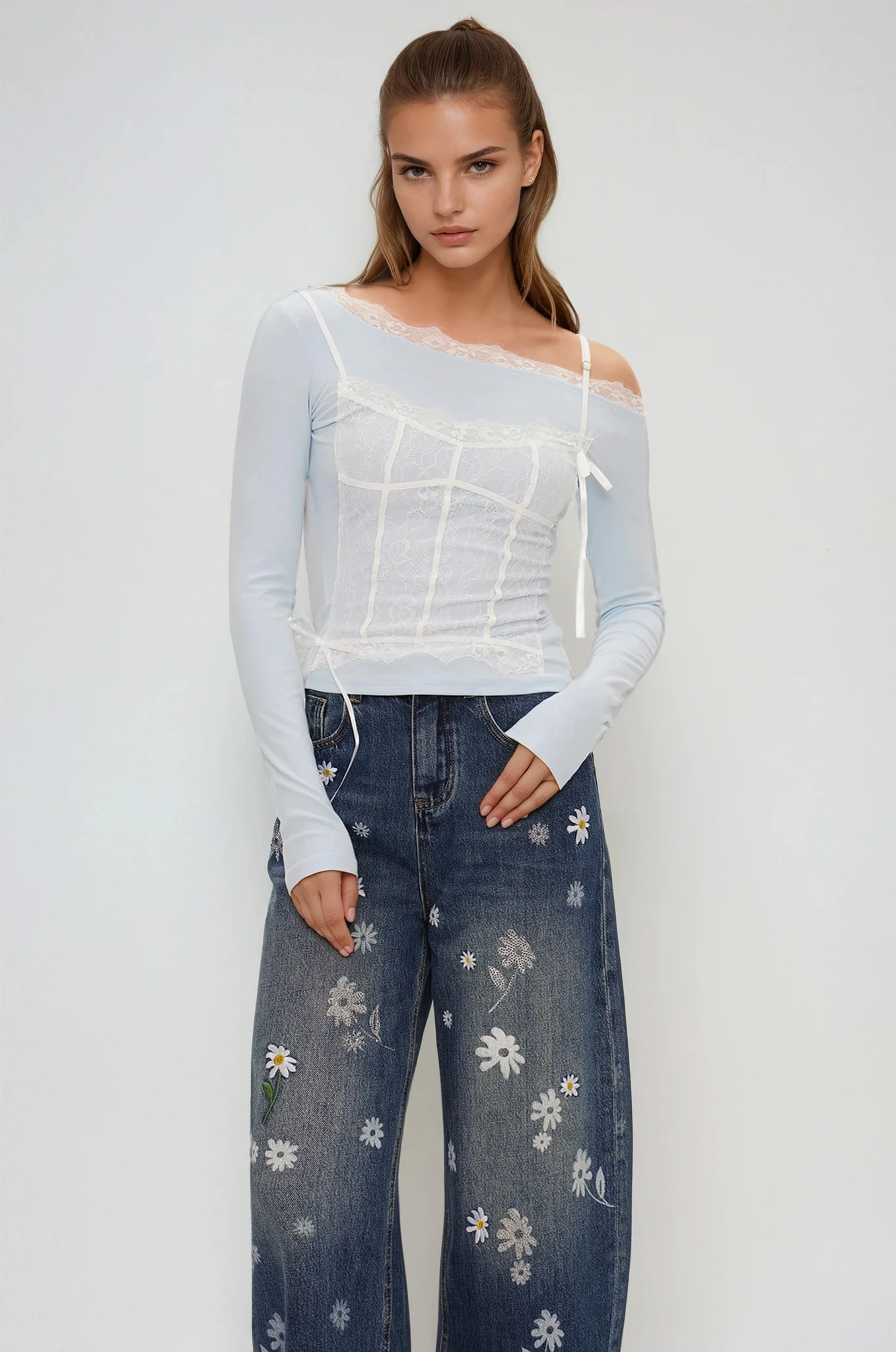 Eini One Shoulder Lace Top In Blue