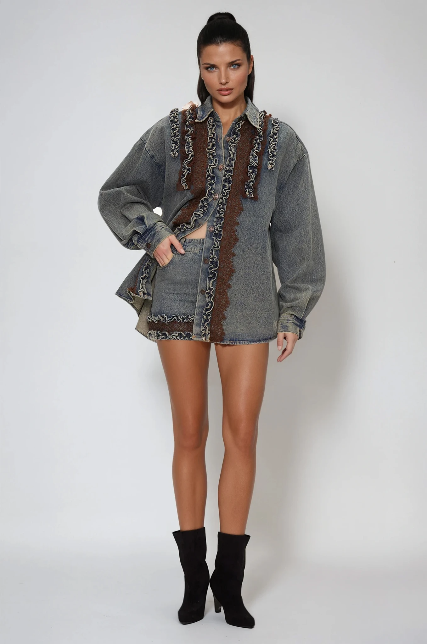 Eirenaios Ruffle Denim Skirt Set