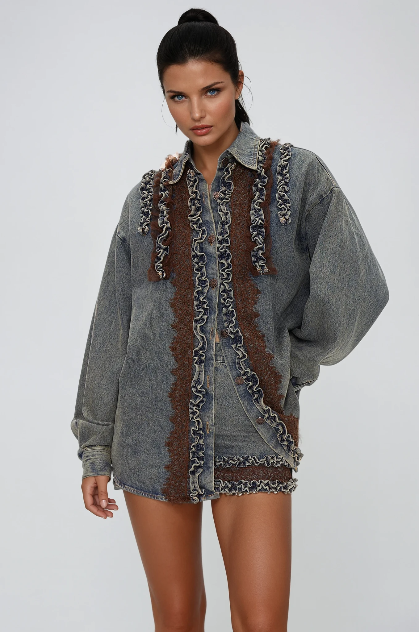 Eirenaios Ruffle Denim Skirt Set