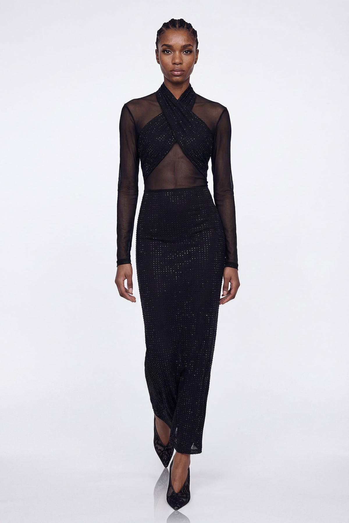 Elis Rhinestone Mesh Maxi Dress