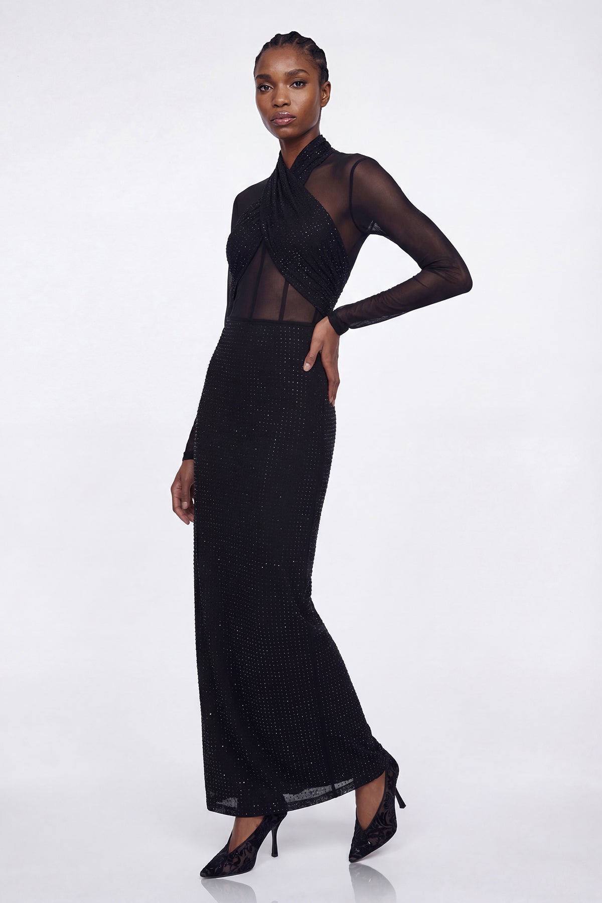 Elis Rhinestone Mesh Maxi Dress