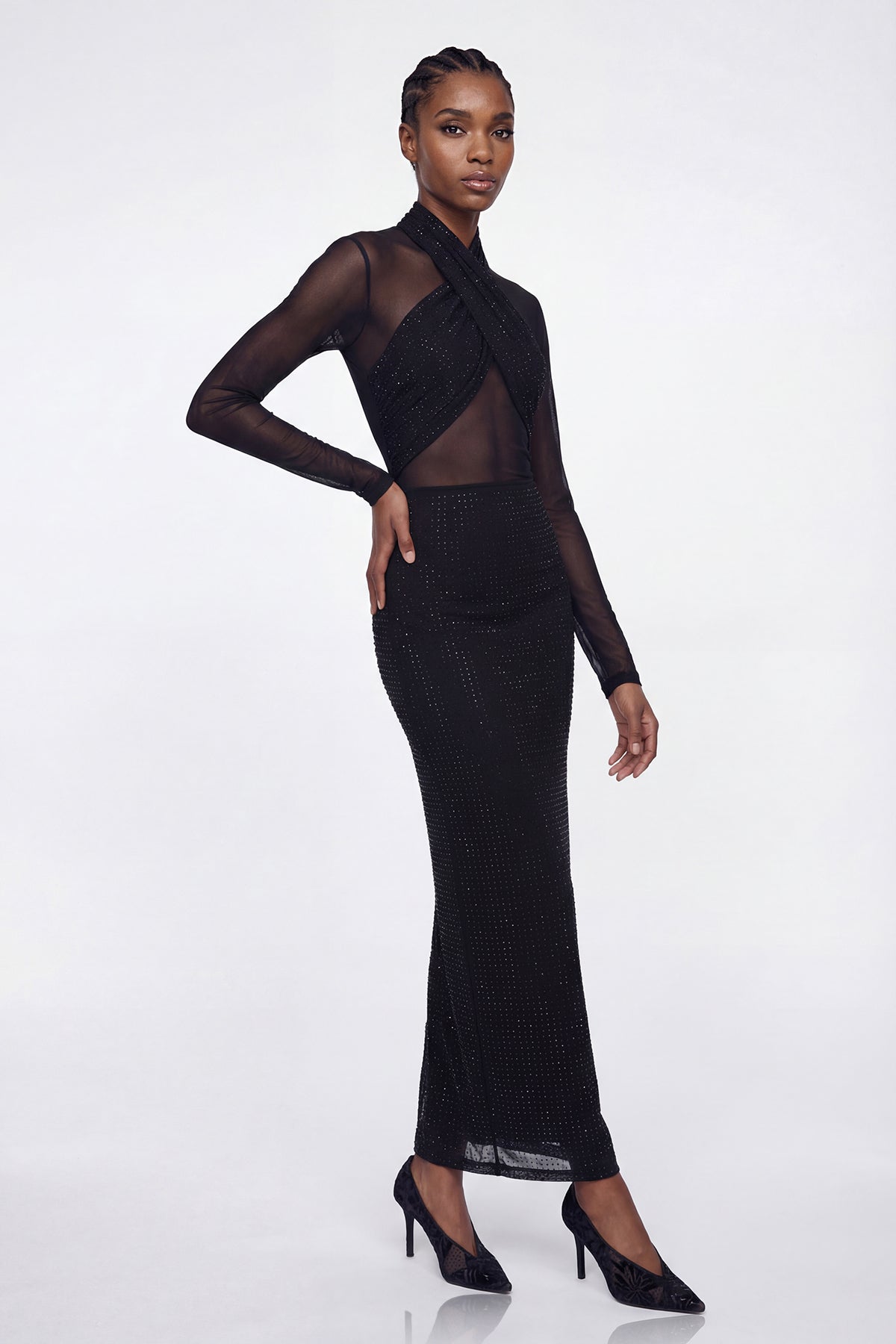 Elis Rhinestone Mesh Maxi Dress