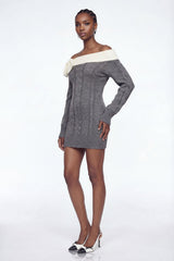 Eliso Off Shoulder Bow Knit Dress In Grey