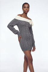 Eliso Off Shoulder Bow Knit Dress In Grey