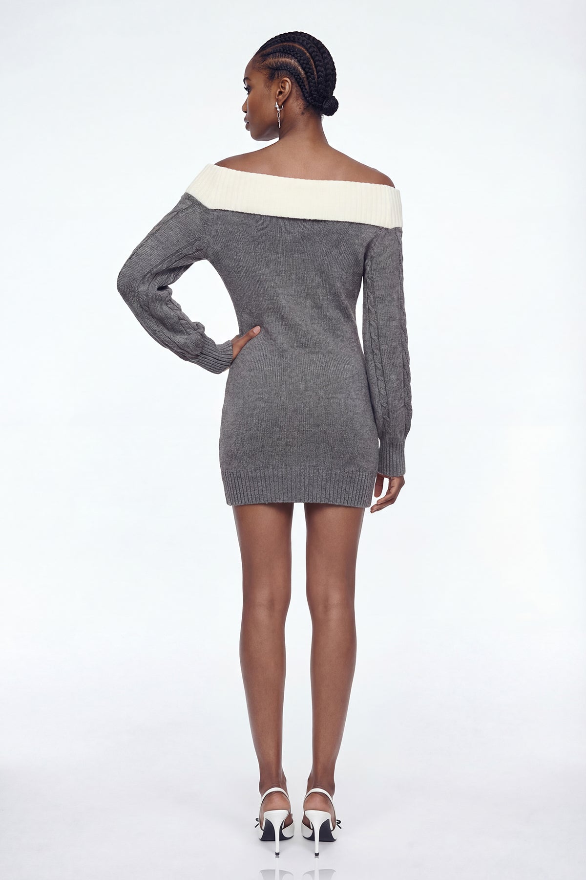 Eliso Off Shoulder Bow Knit Dress In Grey