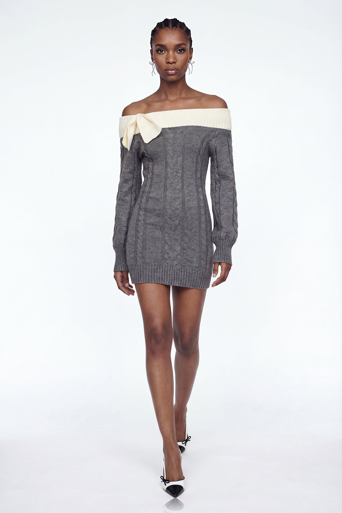 Eliso Off Shoulder Bow Knit Dress In Grey