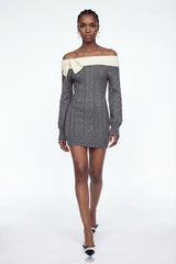 Eliso Off Shoulder Bow Knit Dress In Grey