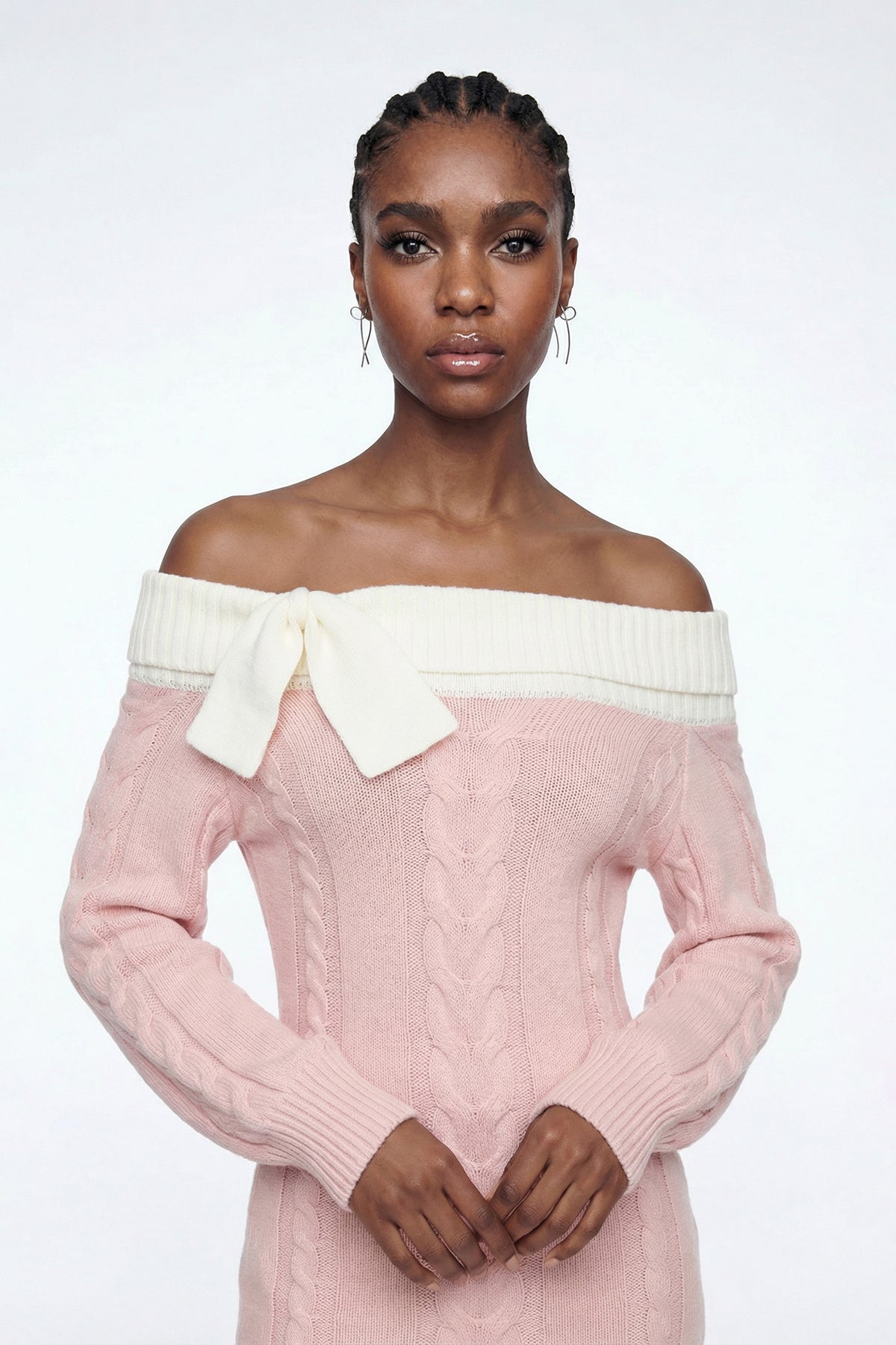 Eliso Off Shoulder Bow Knit Dress In Pink